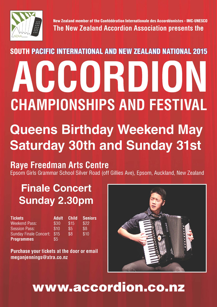 South Pacific International and New Zealand National 2015 Accordion Championships poster