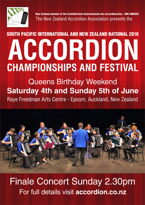 South Pacific International and New Zealand National 2015 Accordion Championships poster